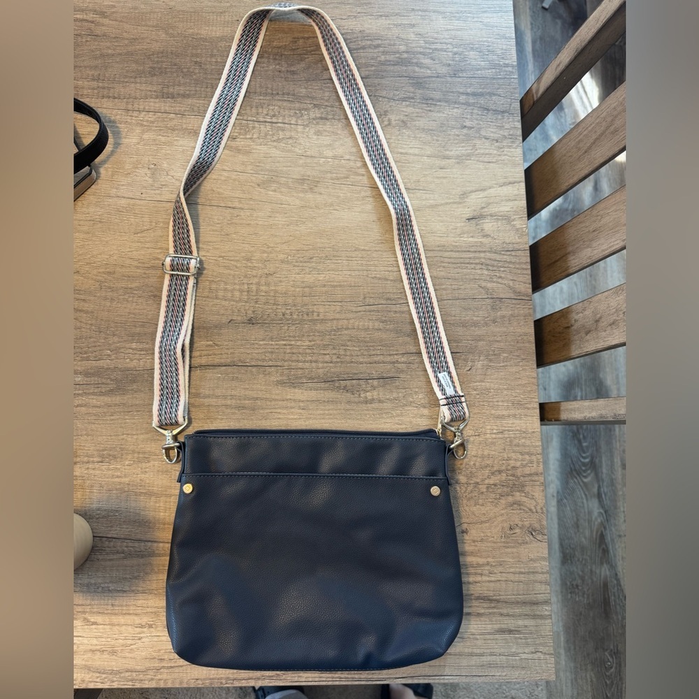 Thirty One Blue Crossbody Bag with Striped Strap